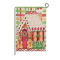 Close-up of Christmas garden flag with gingerbread house illustration and metal holder - Gingerbread House Theme (HYQ41-24)