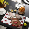 Christmas placemat with cartoon reindeer and red dots on a dark wooden table background - Waterproof Linen / Cartoon Reindeer (CD46-3)