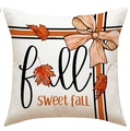 Linen pumpkin maple leaf pillowcase with Sweet Fall text and orange bow pattern - Bow Fall Print Pattern (YMD1-7) / 45x45cm