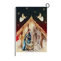 Detailed view of the Christmas Nativity garden flag with rustic linen texture and metal hanger - Nativity Scene (HYQ41-10)