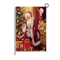 Detailed Christmas garden flag with Santa and tree on a rustic linen texture with black metal stand - Santa With Teddy Bear (HYQ41-5)