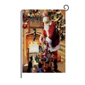 Detailed Christmas garden flag showing Santa by a fireplace on a black metal stand - Santa Organizing Gifts (HYQ41-6)