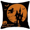 Halloween linen pillow cover with pumpkin, witch, and castle silhouette in orange and black - Ghost Castle Style (TQYM66-1) / Cover Only