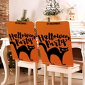 Detail of orange Halloween chair cover with black cat silhouette and festive text print - Halloween Party Black Cat Style (YT56-21) / 1 Piece/Pack (49x58cm)