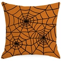 Close-up of square orange linen pillowcase with black spider web patterns for Halloween - Spider Web Orange Style (TQYM66-4) / Cover Only