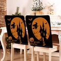 Two Halloween chair covers with witch and pumpkin designs on white wooden chairs - Witch Pumpkin Castle Style (YT56-7) / 1 Piece/Pack (49x58cm)