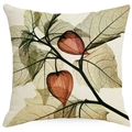 Close-up of linen pillowcase featuring artistic olive green leaf and red berry prints - Lantern Fruit Pattern (TQYM67-6)