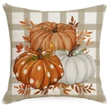 Herbst Kissenbezug mit Kürbis und Ahornblatt Motiven auf rustikalem beigem Karomuster - 45*45cm Leinen Einseitig Ohne Füllung / Kürbis Karo (TQYM70-1)