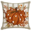 Herbst-Kissenbezug mit Kürbis, Punkten und Blatt auf klassischem grauem Karo-Leinenstoff - 45*45cm Leinen Einseitig Ohne Füllung / Großer Kürbis Karo (TQYM70-2)