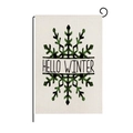 Gartenflagge Hello Winter mit grünem Karomuster und Schneeflocke auf beigem Leinen - Hello Winter Stil (HYQ42-9)