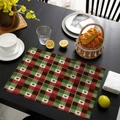 Detailed top view of a red and green plaid placemat with small heart patterns on a table - Red Green Plaid and Hearts Style (CD60-11) / Linen