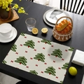 Christmas tree print heat-resistant table mat on dark wood table for holiday dining decoration - Beige Christmas Tree and Red Symbols Style (CD60-3) / Linen
