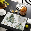 Christmas rectangular place mat with festive tree and pinecone print on wooden table - Hand-painted Christmas Tree and Pinecone Style (CD60-9) / Linen