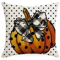 Halloween pumpkin throw pillow cover with polka dots and black white bow on linen fabric - 45x45cm / Bow Tie Pumpkin (TQR32-2)