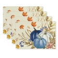 Lot de 4 sets de table de Thanksgiving avec citrouilles aquarelle et feuilles d'érable - Citrouille Aquarelle Automne Bleu Orange (CD61-4) / Texture en lin