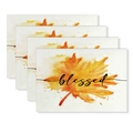 Set of 4 autumn placemats with orange maple leaves and blessed text on linen fabric - Blessed Watercolor Maple (CD61-37)