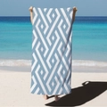 Microfiber beach towel featuring blue and white geometric diamond patterns on a sunny beach - Blue White Diamond Link (STJ02-20) / 70*140cm