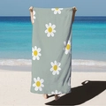 Microfiber beach towel with white daisy floral print on a sage green background - Grey Green Daisy (STJ02-24) / 70*140cm