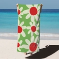 Microfiber beach towel with white daisies on green background for outdoor swimming - Grass Green Red Daisy (STJ02-26) / 70*140cm