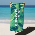 Microfiber beach towel with green leaf print and Hello Summer text on sunny beach background - HELLO SUMMER Green Leaf (STJ02-28) / 70*140cm