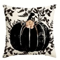 Square fall pumpkin pillow cover with black fern pattern and pink floral accent - 45x45cm / Pumpkin Silhouette With Flower (TQR66-1)