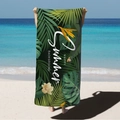 Microfiber beach towel with tropical monstera leaves and summer text on sandy beach - Summer Tropical Rainforest (STJ02-30) / 70*140cm