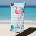 Microfiber beach towel featuring pink flamingo and palm leaves on blue striped background - Pink Flamingo Palm Leaf (STJ02-31) / 70*140cm