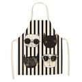 Detailed close-up of cartoon cat prints on a striped linen sleeveless kitchen apron - Striped Four Cats (WQ04-5)