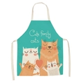 Teal linen apron featuring cute family cats illustration with white neck and waist ties - 47*38cm / Teal Blue Family Cats (WQ04-11)