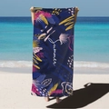 Microfiber beach towel with tropical leaves, Summer print, navy blue and pink design - Summer Dark Blue Leaves (STJ02-34) / 70*140cm