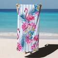 Microfiber beach towel featuring pink flamingo and tropical floral patterns on blue stripes - Flamingo Blue White Stripes (STJ02-35) / 70*140cm