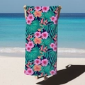 Microfiber beach towel with tropical pink hibiscus flowers and green palm leaves print - Navy Blue Tropical Floral (STJ02-36) / 70*140cm