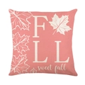 Pink linen autumn pillow cover with white maple leaf and FALL typography design - Coral Pink Maple Leaf (YMD8-3)