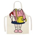 Detail of linen apron featuring a cute cartoon girl print with neck strap and waist ties - 47x38cm