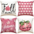 Set of 4 autumn linen pillow covers with pink pumpkin patterns and fall lettering - Pink Autumn Hand-Drawn Series (YMD9-2)
