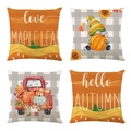 Set of 4 Thanksgiving linen pillow covers with pumpkin and maple leaf patterns - Warm Orange Plaid Sunflower Series (YMD9-3)