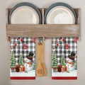 Set di due asciugamani da cucina natalizi con pupazzo di neve e motivi su fondo a quadri - Motivo MJB01-15