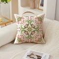 Detailed macro view of the floral embroidery and textured linen fabric of the cushion cover - 45*45cm (No Insert) / Pink Green Yellow Symmetrical Floral (TQR76-31)