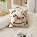 Detail of floral wreath and rocking horse print on cream luxurious cushion cover - 45*45cm (No Insert) / Playful Trojan Wreath Pattern (TQR76-30)