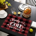 Red and black buffalo plaid Christmas placemat with white Baby IT'S COLD OUTSIDE text - Waterproof Linen / Red Black Plaid Text (CD46-1)