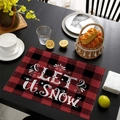 Red and black buffalo plaid Christmas placemat with white Let It Snow text and snowflakes - Waterproof Linen / Red Black Plaid Snowflake (CD46-2)