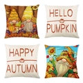 Set of 4 linen Thanksgiving pillow covers featuring fall gnomes and pumpkins - Beige Gnome Text Print Series (YMD9-14)