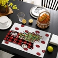 Christmas table mat featuring a red buffalo plaid truck with a festive pine tree - Waterproof Linen / Christmas Truck (CD46-4)