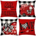 Set of four Valentine's Day linen pillow covers with buffalo plaid and red truck designs - 45x45cm / TQR87-2