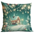Mint green Christmas pillow cover with snowy house and holiday tree illustration - Snowy Cabin Style (crd511-9)