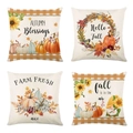 Set of 4 linen Thanksgiving pillow covers featuring pumpkins and autumn motifs - Farm Fresh Pumpkin Sunflower Series (YMD9-15)