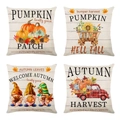 Set of 4 linen Thanksgiving pillow covers featuring pumpkins and vintage red trucks - Red Truck Pumpkin Patch Series (YMD9-17)