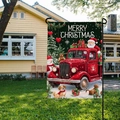 Festive Christmas garden flag featuring a vintage red truck, snowman and Santa Claus design - Red Pickup And Santa Style (HYQ63-6)