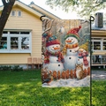 Christmas garden flag with snowmen, cat and birds illustration on linen fabric texture - Three Snowmen And Cat Style (HYQ63-4)