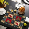Christmas Santa and tree print placemat on dark wood table for festive kitchen decor - Santa Claus and Snowman Style (CD60-1) / Linen
